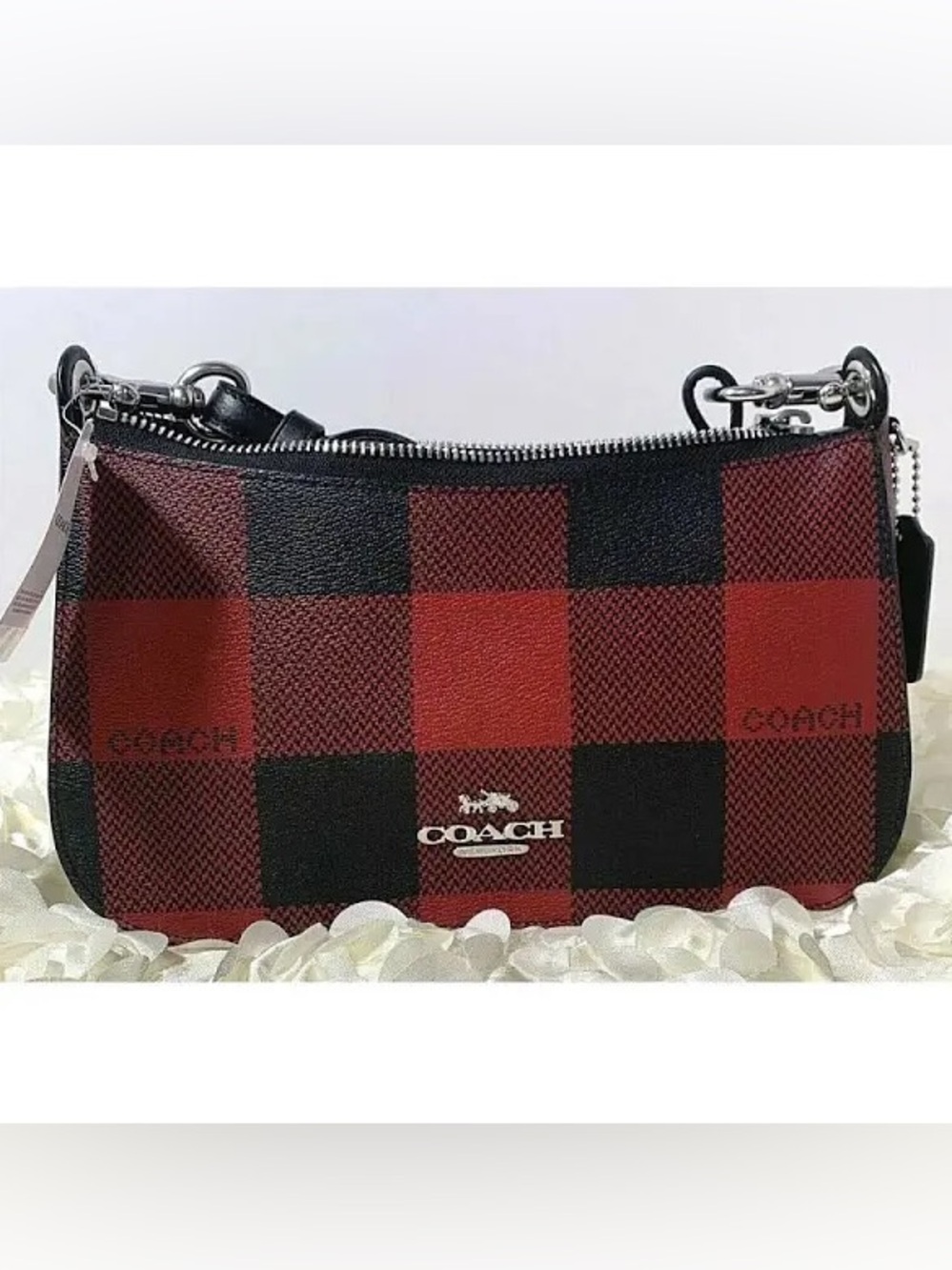 COACH Jes Baguette Buffalo Plaid Red Black Crossbody Shoulder Bag NWT